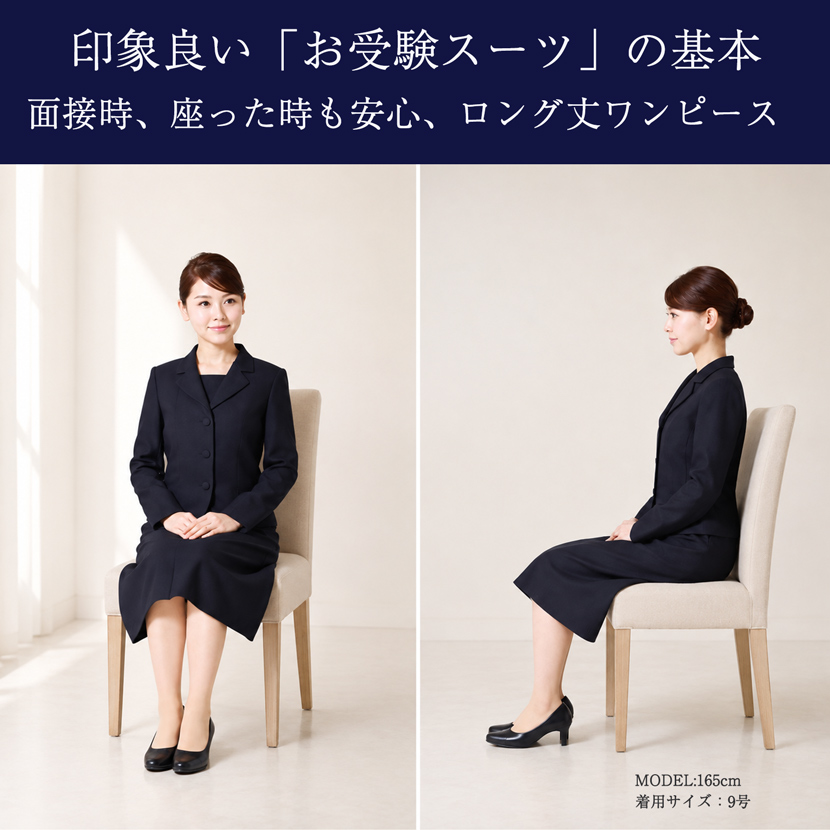 椅子に座っても膝か見えない安心のロング丈