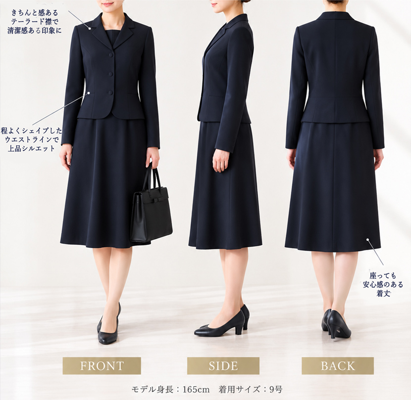 レーヨン混紡のお受験スーツ 半袖半ピース 膝下丈